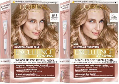 L'Oréal Paris Permanente Haarfarbe für jeden Hautton, Coloration ohne Ammoniak, Universale Nude-Töne mit vollständiger Grauhaarabdeckung, Excellence Creme, Nr. 8U Hellblond (Blond), 1 Stück