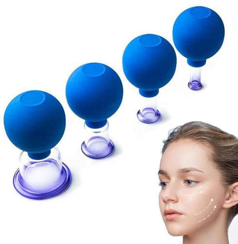 Set di 4 coppette con sfera di aspirazione in silicone, in vero vetro, contro pieghe e tensioni, coppette con pompa a vuoto per rilassamento e sollievo dal dolore, blu