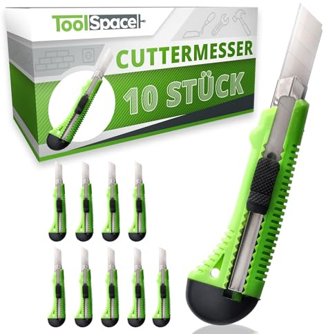 ToolSpace Set 10 cutters PROFI 18 mm – Couteau carton papier peint moquette lame à cassure – Réutilisable pas jetable Stanley poignée caoutchouc – Bricolage chantier atelier bureau placo