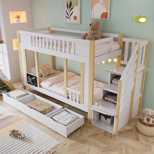 ECLIVON Litera Cama Infantil 90x200 con Escalera de Almacenamiento y 3 Cajones, Literas Cama Alta con Pizarra, Camas con Somier y Soporte de Láminas, Protección Anticaídas, Sin Colchón, Blanco