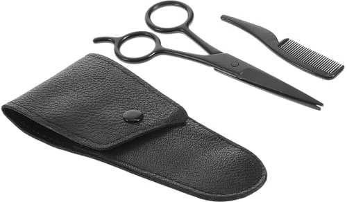 Mikikit Set 3 Pezzi Forbici per Barba in Acciaio Inox Tagliabarba e Pettine per Baffi Custodia in Pelle PU Strumenti Professionali per Cura Barba e Baffi a Casa e Salone
