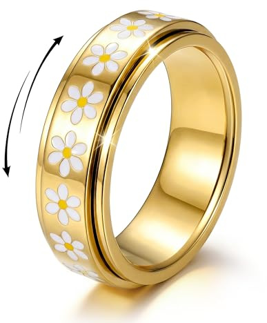 Dochais Anillo Anti Estrés Giratorio Margarita Mujer Hombre, Anillo Fidget Acero Inoxidable Dorado/Plateado, Anillos Spinner Flor Bisutería, Anillos Ansiedad Regalo Joyería