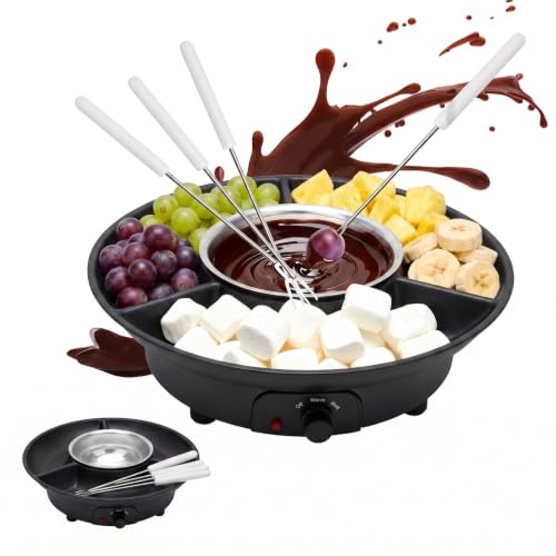 Elektrisk chokladfondue med 4 spett | tempererare för smältning av choklad och kuvertyr | 2 temperaturnivåer | perfekt för chokladfontän, chokladsmältgryta Candy Melts smältare (svart)