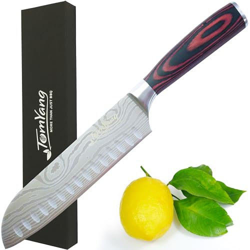 TomYang couteau Santoku avec poignée en bois élégante, longueur de lame 17 cm