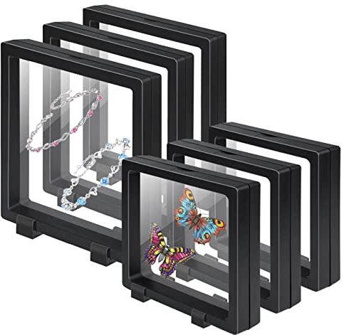 EsLuker.ly Set of 6 3D Floating Frame Display Holder Stands, Floating Display Case Transparent PE Jewelry Storage Box Suspension Frame for Challenge Coin AA Medallions Medal (4.3x4.3in, 6.3X 6.3in)