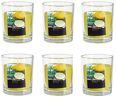 Doftljus i glas i set om 6 – ljus, advent, rumsdoft – inget sot – brinntid: 25 timmar - många doftaromer – 7,0 x 7,7 cm (gul – doft: södra citrus)