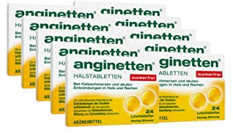 anginetten Halstabletten zuckerfrei | schmerzlindernde Lutschtabletten Honig-Zitronen Geschmack | bei Halsschmerzen, Rötungen & Schwellungen | beruhigt den Hals, desinfiziert den Rachen | 10 x 24 St