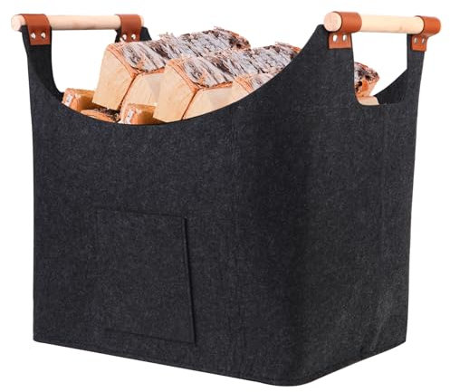 LMTNNB Cestino in legno per legna da ardere, 60 l, con maniglie, grande cesto per legna da ardere in feltro extra spesso, per legna da ardere (45 x 32 x 40 cm)