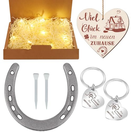 Jostift Hufeisen Deko Set, Glücksbringer Geschenk mit Hufeisennägel + Schlüsselanhänger + Hölzerner Glücksbringer + LED Licht, Einzugsgeschenke Haus Wohnung Set für Hochzeit, Geburtstag, Richtfest