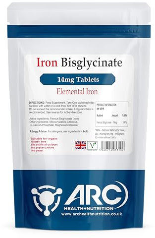 Gentle Iron Bisglycinate 14mg 60 Tablets - High Strength Iron Tablets Supplements for Women, Made in The UK