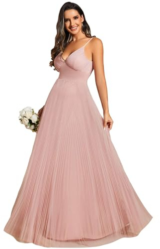 Ever-Pretty Vestito da Damigella d'Onore Lungo Stile Impero Tulle Linea A Collo a V Abito da Ospite di Nozze Donna Causal Rosa 48