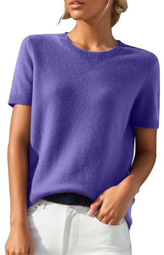 Jersey de Mujer Elegante de Manga Corta - Imitación de Cachemira para Primavera y Verano - Sudadera Cuello Redondo, Blusa, Suéter de Punto Color Sólido - Ocio, Morado