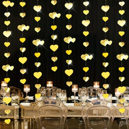 52 Pies Guirnalda de Papel Corazón de Oro, 4 Piezas Guirnalda de Serpentinas de Corazón, Decoracion Colgante Fiesta, para Bodas Compromiso Cumpleaños Fiestas Tiendas Decoración del Hogar