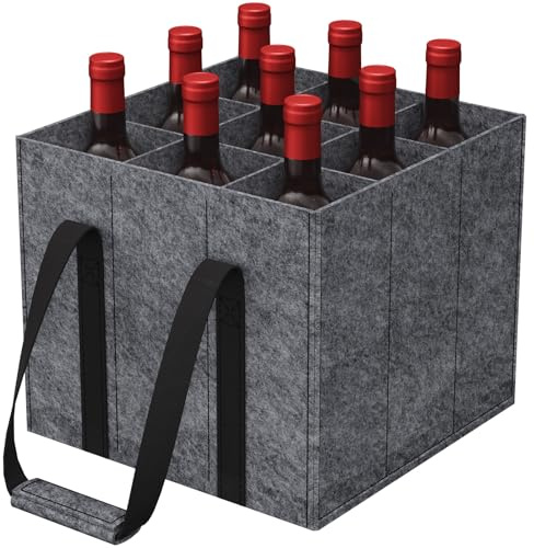 Lifewit Bolsa para Botellas con Asas, Porta Botellas de Fieltro Resistente con 9 Compartimentos, Bolsa de Transporte para 9 Botellas de 1,5 L de Vino, Cerveza, Champán, 30 x 30 x 26 cm