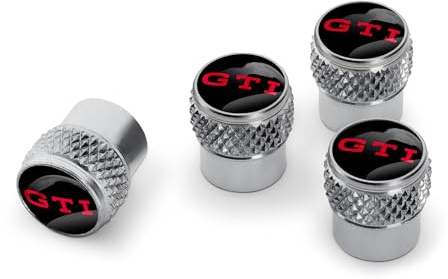 Volkswagen Tappi Valvola GTI Originali, Compatibile con Valvole in Gomma e Ottone, Ottone Nichelato, Set di 4 Pezzi, Nero/Rosso/Argento