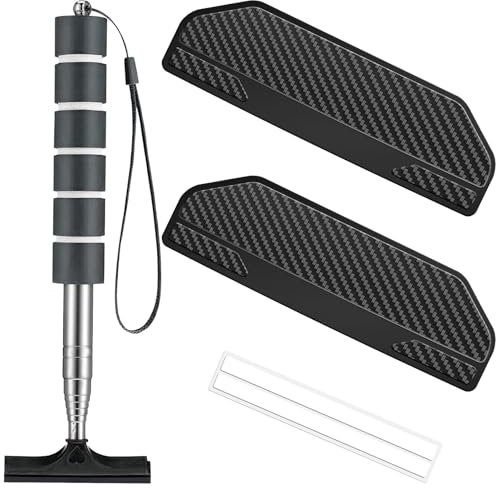 Bil fönsterskrapa liten med 2 kolfiberspegel, regnskydd, infällbar, sidospegel, torkare (längd 21–100 cm) av rostfritt stål, gummihandtag, litet badrumstorkare (skraplängd 6,5 cm) för fönster
