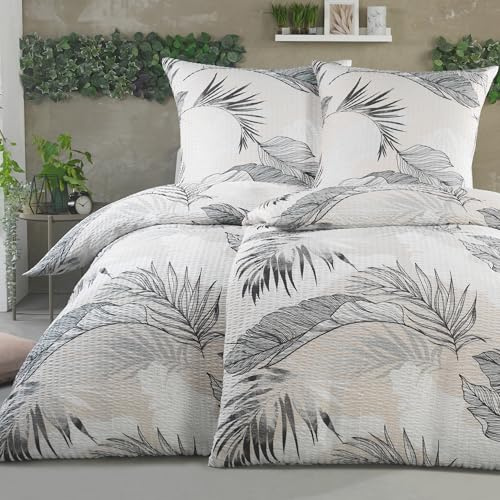 BaSaTex Mikrofaser Seersucker Bettwäsche Set 4 teilig - bügelfreie Microfaser Bettgarnitur Öko-Tex Zertifiziert - 2X 135x200 cm + 2X 80x80 cm - Design: Palmira