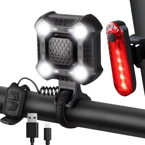 140 dB Bicycle Horn with Front and Rear Lights，USB Rechargeable Bike Bell with Wide-Beam LED Headlight, IPX6 Water-Resistant, for Night Riding and Daily Commute, Suitable for Commuters, E-Bike Riders