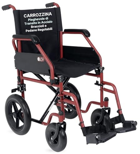 REMEDIA ONE - Sedia a Rotelle Pieghevole Leggera da Transito, Carrozzina per Disabili in Acciaio, Portata Massima 120 kg - Seduta 45 cm, Rossa