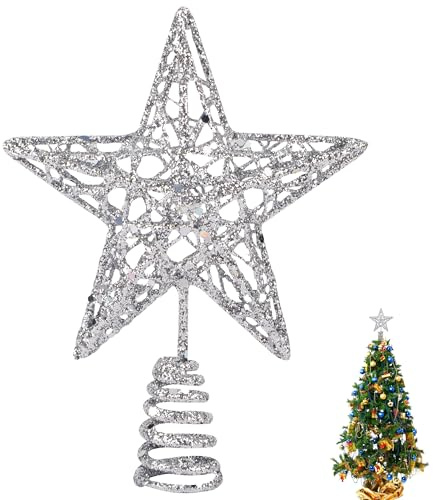 KEYIDO Small Christmas Tree Topper Silver Star for Christmas Tree Metal Mini Xmas Star Decorations Width 12cm/4.7Inch High 15cm/6Inch