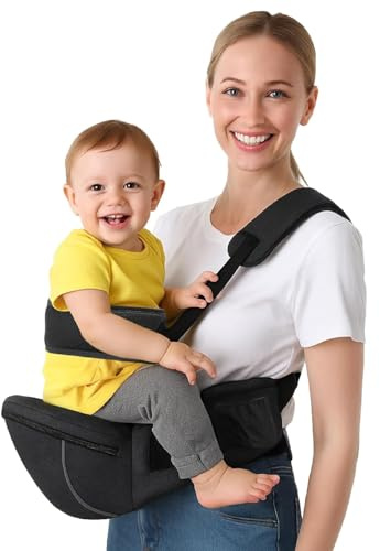 Babytrage mit Hüftsitz – Verstellbarer Hüftgurt, Sicherheitsgurt und Aufbewahrungstaschen – Abnehmbarer Schultergurt – Zusammenklappbares Design für Neugeborene und Kleinkinder – Bequem und kompakt