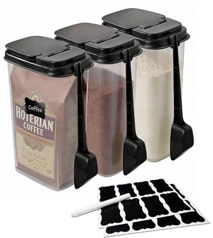 MiraFure 3-Pack 1500ml (51 oz) Airtight Food Storage Containers with Scoop, Soft-White Translucent Design Canisters for Coffee, Tea, Sugar, Flour & Cereal | Includes Marker & Labels
