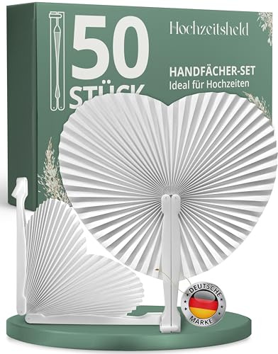 HOCHZEITSHELD Fächer Hochzeit 50 Stück - Weiße Handfächer für Erfrischung der Gäste - Papierfächer als Hochzeitsdeko & Standesamt Deko, Fächer Herz als Deko Hochzeit & Hochzeitsgeschenke für Brautpaar