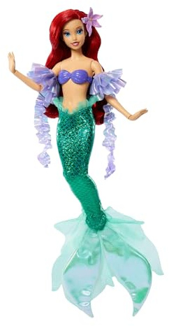 Mattel Disney Princess Sjöjungfrun Ariel glittrande docka | Poserbar modedocka i signaturlook med avtagbar stjärt och ärmar, långt hår och håraccessoar, inspirerad av filmen, JLK25