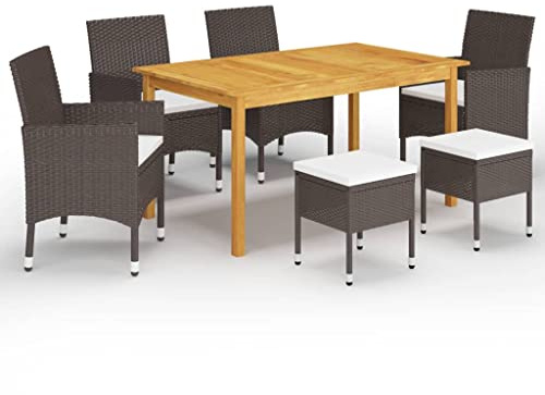 JHQHSM 7-TLG. Gruppo da giardino marrone in legno di acacia con seduta in rattan PE e 1 tavolo da pranzo, 4 sedie e 2 sgabelli per terrazzo ed esterni, resistente alle intemperie