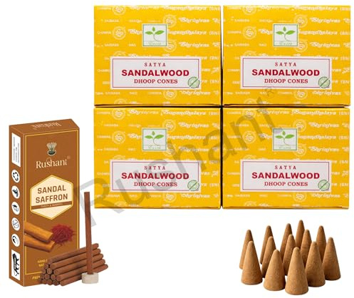 Satya Sandalwood Dhoop Cones with Stand, 4 Packs x 12 (48 Cones Total) + Rushant Sandal Saffron Dhoop Sticks (10) – Incense Set for Relaxation & Meditation
