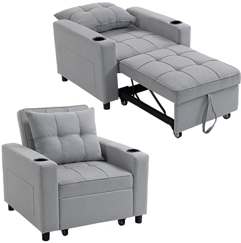 HOMCOM 3-in-1 Single Sofa Bed, Convertible Sleeper Chair Bed with Adjustable Backrest, Fabric Pull Out Chair with Pillow, Side Pockets and Cup Holders for Living Room, Bedroom, Light Grey