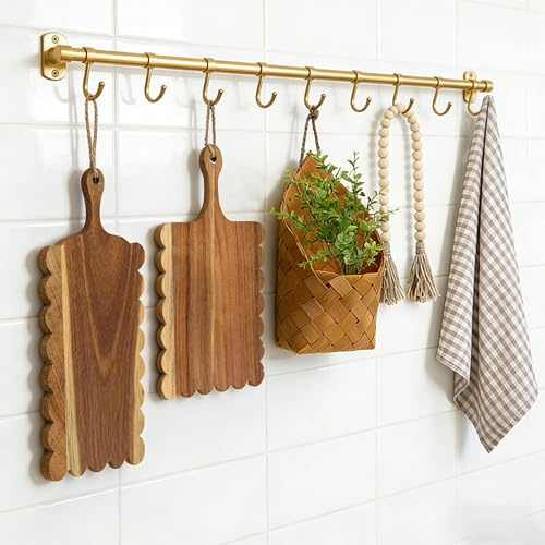 6 Pcs Cottage Core Kitchen Decor includes 2 Mini Scalloped Cutting Boards, Buffalo Kitchen Towel, Hanging Basket, Artificial Eucalyptus Stems and Wood Bead Garland for Kitchen Wall Hook Rack Decor