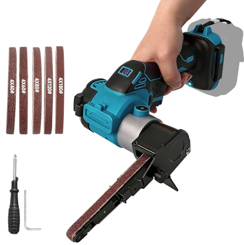 Batteridriven bandslipmaskin kompatibel med Makita 18 V batteri, 0–1 3 000 RPM 360° justerbar borstlös bandslip med 20 slipband för trä, metallplast (blå för Makita)
