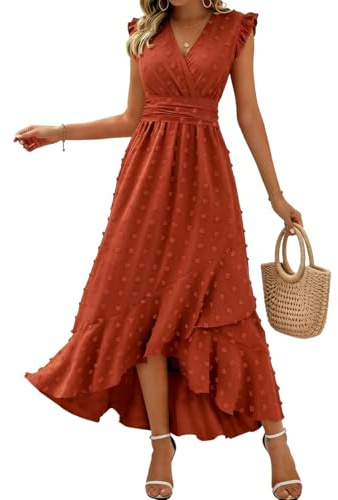 KUNJLELP Robe Femme Été Chic et Elegant Robes Casual Col V Manches à Volants Maxi Robe Jupe Asymétrique à Imprimé Floral Robe de Soirée Cocktail,Rouge 02,S