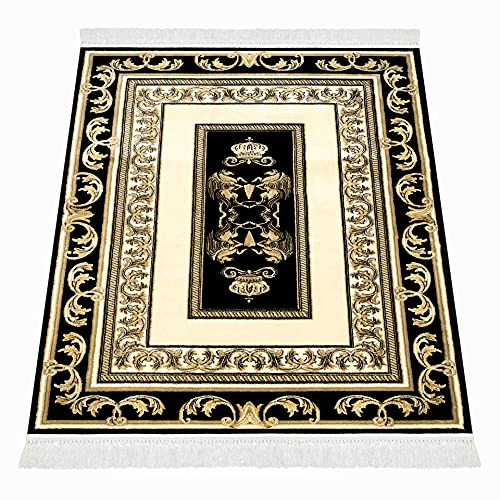 Belle Arti Premium Teppich Kurzflor Kurzflorteppich Wohnzimmer Schlafzimmer Esszimmer in schwarz Gold - Mäander Pegasus Design Vintage Seidenglanz 100% Viskose rutschfest öko tex - 200x280 cm