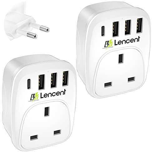 LENCENT 2 Packs UK to EU Euro Europe Plug Adapter, European Travel Adapter with 3 USB Ports and 1 USB C Port for Italy Switzerland Germany Spain France Portugal Greece Netherlands and more (Type C)