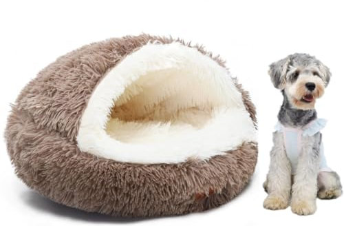 AL TAJAR 50cm Anti-Anxiety Donut Cave Dog Bed with Roof for Pets under 5 kg - Cozy Hooded Bed, Washable Plush Faux Fur, Snuggle Cave with Cushioned Pillow(Brown)