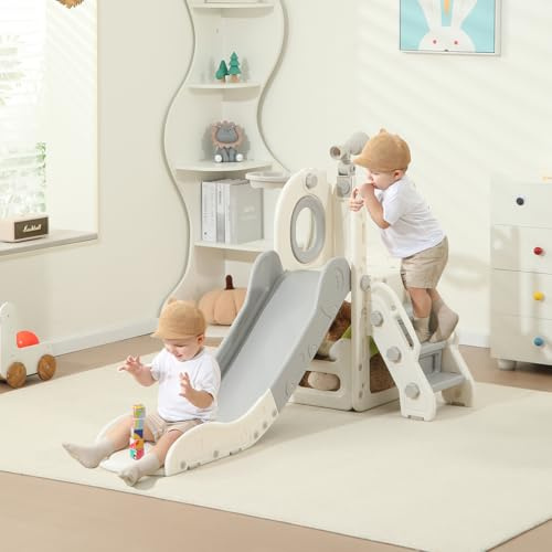 Freestanding Toddler Slide, 6 in 1 Kids Indoor Slide for Toddlers 1-3，L Shaped Slide with Basketball Hoop