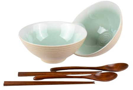 Henrrida 1200 ml Ramen Bowl Set of 2 40 OZ Bring Wooden Chopsticks,Ramen Spoon Japanese Large Soup Bowls,Salad,Cereal Bowls,Noodle Bowl Microwave and Dishwasher Safety (Teal)