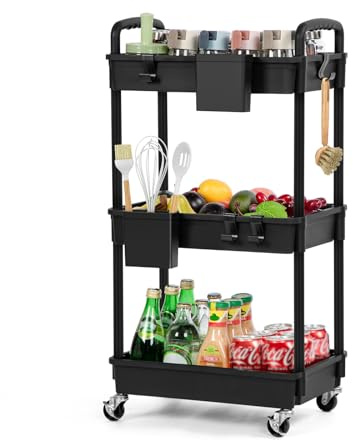 FoiiLiio Carro Auxiliar con Ruedas,Carrito Auxiliar Multiuso,Carrito de Cocina móvil,Carrito de Almacenamiento de plástico con Asas para Colgar adicionales,para Sala de Estar,baño,Oficina,Negro