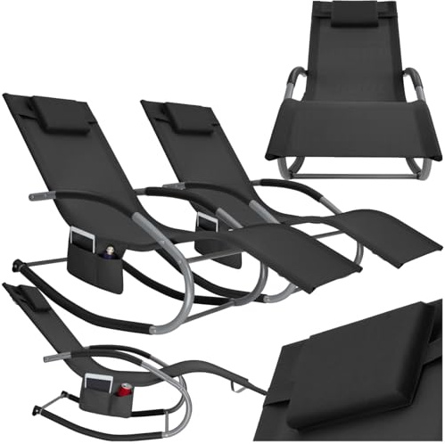 tectake® Gartenliege mit Seitentasche, Relaxliege, Liegestuhl Schaukelstuhl, Sonnenliege, Schaukel Outdoor Gartenmöbel, Terrasse, Balkonmöbel, Pool Garten, Lounge Möbel Outdoor - schwarz, 2er Set