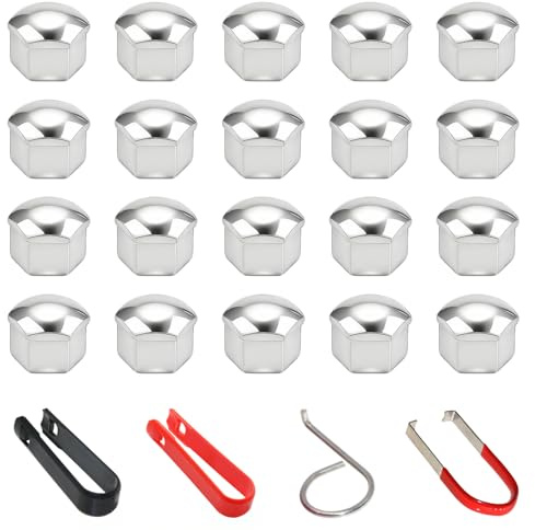 Xynovate 20 Pezzi Copridadi Ruota, 19mm Universale Tappo A Vite Ruota, Copridadi Esagonali per Pneumatici con Set di Strumenti di Rimozione per Auto (Argento)