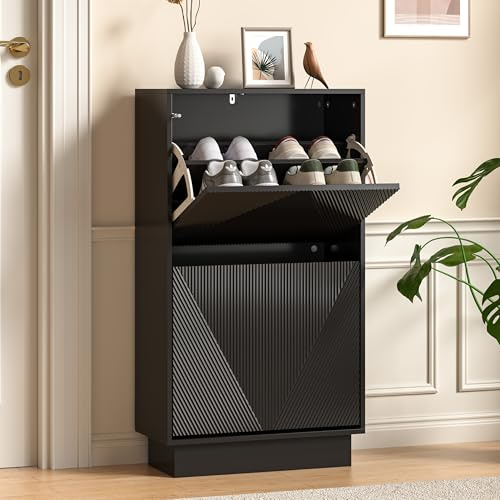 UEV Slim Shoe Cabinet with 2 Flip Drawers, Carved Line Fronts, Narrow Storage Unit with Anti-Tip Design for Hallway, Living Room or Entryway, Black