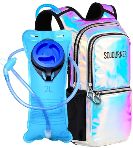 SOJOURNER Rave Hydration Pack Backpack - 2L Water Bladder Included for Festivals, Raves, Hiking, Biking, Climbing, Running and More (Holographic - Blue)