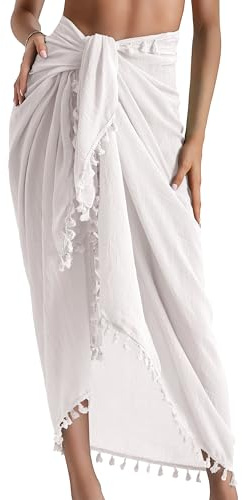 Eicolorte Beach Sarong Pareo Womens Semi-Sheer Swimwear Cover Ups Short Skirt with Tassels, 12-white-long, XXXXL