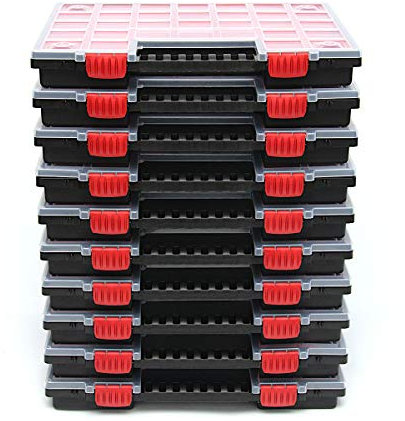 Kistenberg 10x Sortimentskasten NORS14 mit Trennstegen und komfortablem Griff | stapelbar | durchsichtiger Deckel | Kunststoff | 34,4 x 24,9 x 5 cm