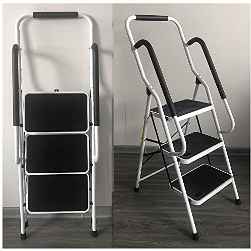 Escabeau Robuste à 3 Marches avec Main Courante de Sécurité Tabouret Pliant Portable Marches en Caoutchouc Antidérapant Pédales Capacité de Charge Maximale 150kg