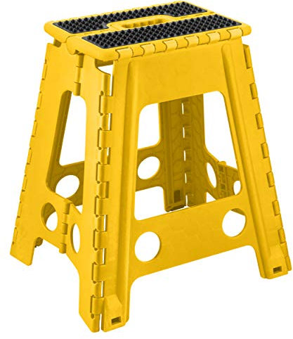 Folding Step Stool-17 Inches Height, Premium Quality Plastic Foldable Stool, Anti-Slip Rubber Grip, Super Strong Stepping Stool with Carrying Handle, Step up tool for Adults (Yellow with Black top)