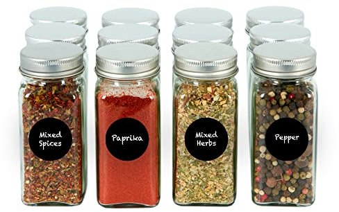 ZENO Spice Jars with Shaker Lids 12 Pack | Spice Shaker Jars | Spice Jars with Lids | Glass Storage Bottles | Screw Top | Herb Containers | Seasoning Shaker | Empty Jars with Labels