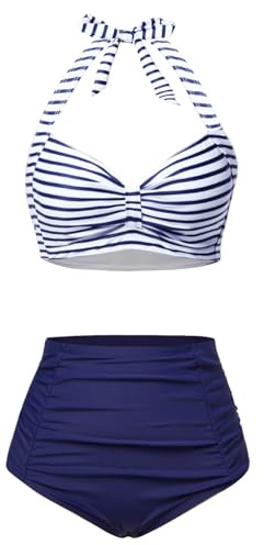 Holipick Blue Stripe Women High Waisted Bikini Set Two Piece Swimsuit Tummy Control Bathing Suit Vintage Halter Swimwear L